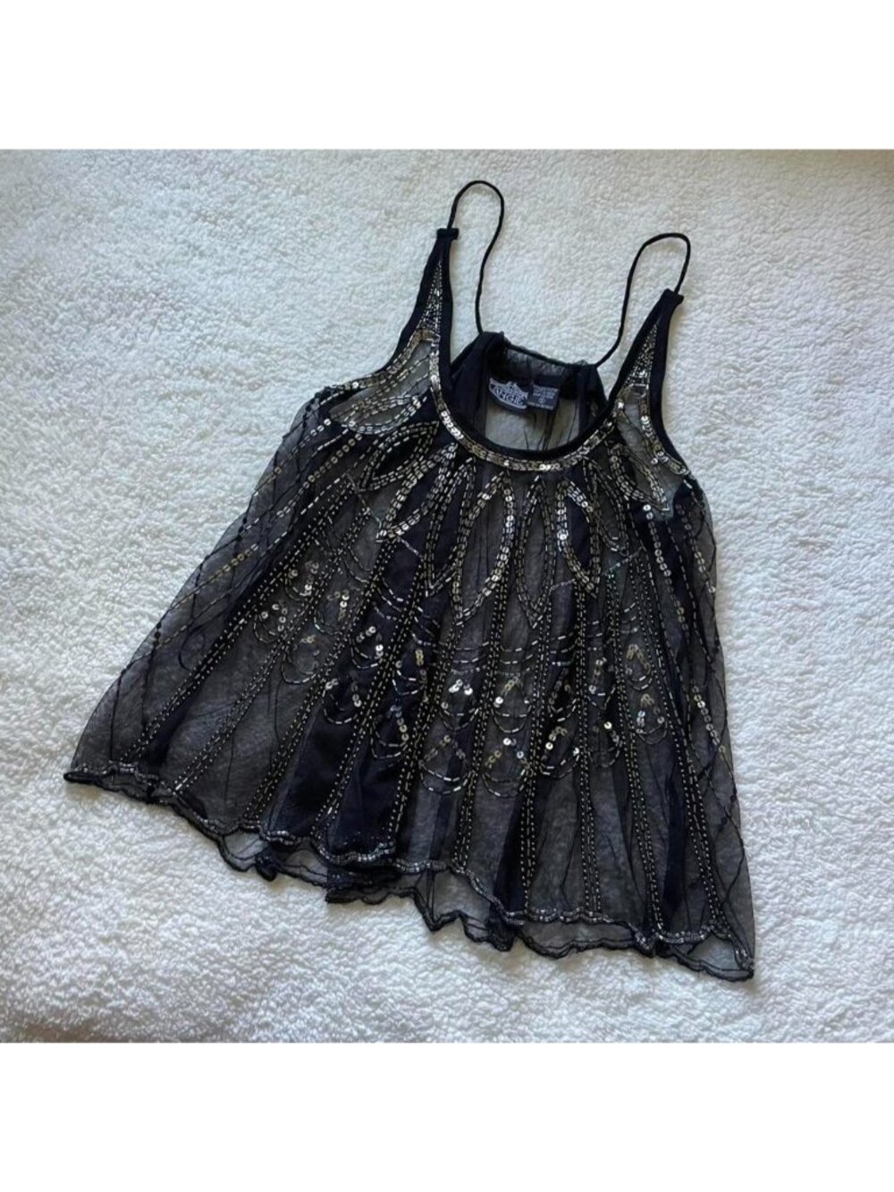 Vintage black sheer sleeveless beaded top with sequin details